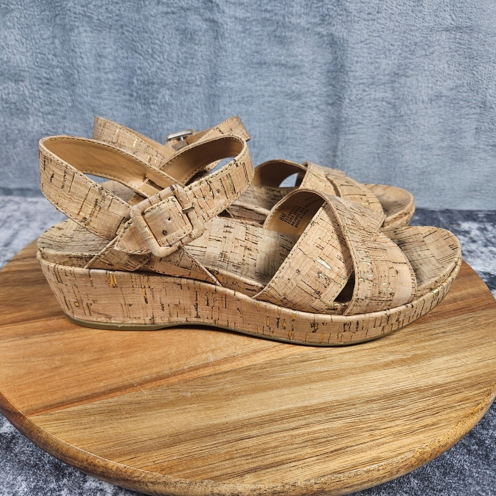 Kork-Ease Myrna Womens Size 8 Natural Cork Gold Wedge Ankle Strap Sandals Buckle